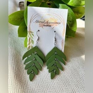 Wooden Green Leaf Earrings